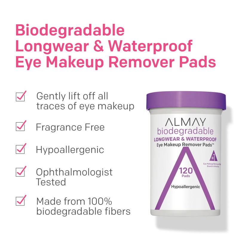 Almay Biodegradable Makeup Remover Pads, Longwear & Waterproof, Hypoallergenic, Fragrance-Free, Dermatologist & Ophthalmologist Tested, 80 Count - Image 2