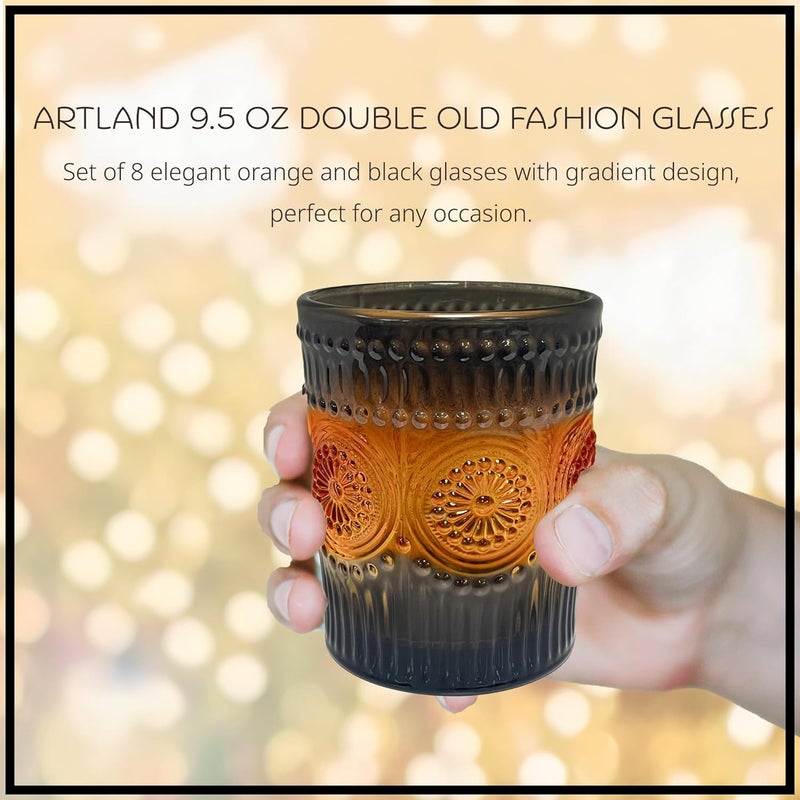 ARTLAND 9.5oz Double Old Fashion Glass, Set of 8 - Halloween Gradient Orange Design, Cocktail Glass for Parties and Everyday Use - Mojito, Whiskey, Cocktail - Glassware & Barware Essentials - Image 2