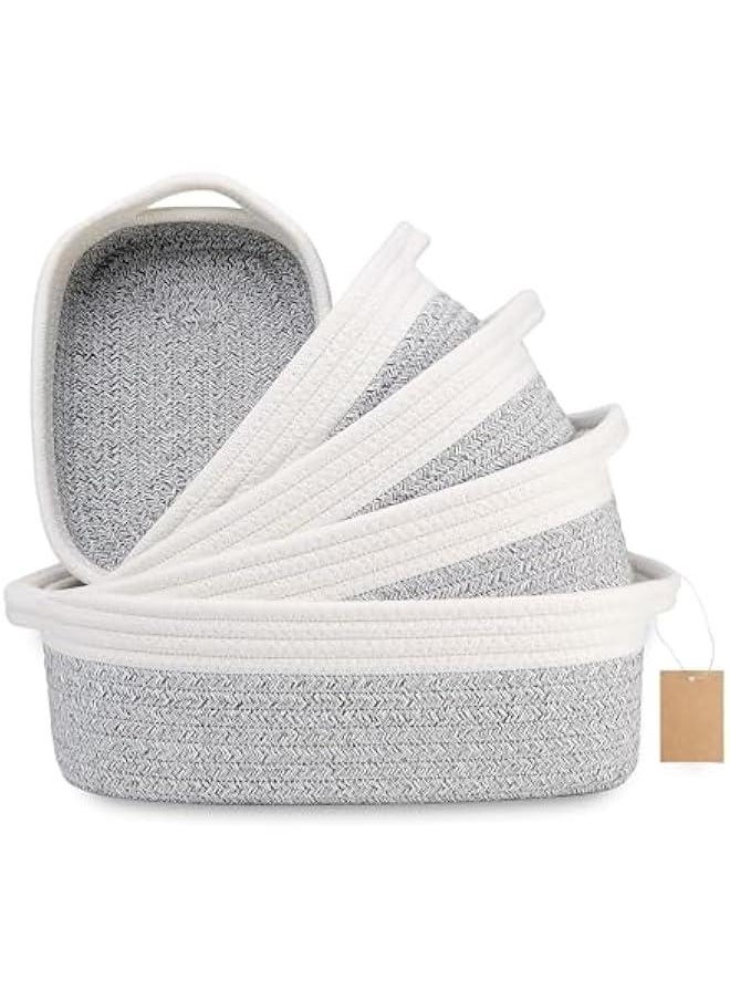 HOOKOR 5-Piece Rectangle Storage Basket Set- Natural Cotton Rope Woven Small Basket, Baby Nursery, Dog Toy Baskets, Cat Toy Box, Bathroom Organization Bin for Organizing, White/Gray  - Image 1