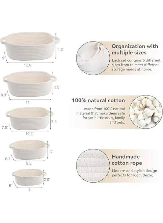 HOOKOR 5-Piece Rectangle Storage Basket Set- Natural Cotton Rope Woven Small Basket, Baby Nursery, Dog Toy Baskets, Cat Toy Box, Bathroom Organization Bin for Organizing, White/Gray  - Image 2