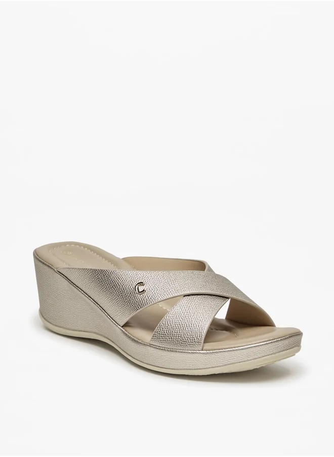 لو كونفورت Women Textured Cross Strap Slip-On Sandals with Wedge Heel