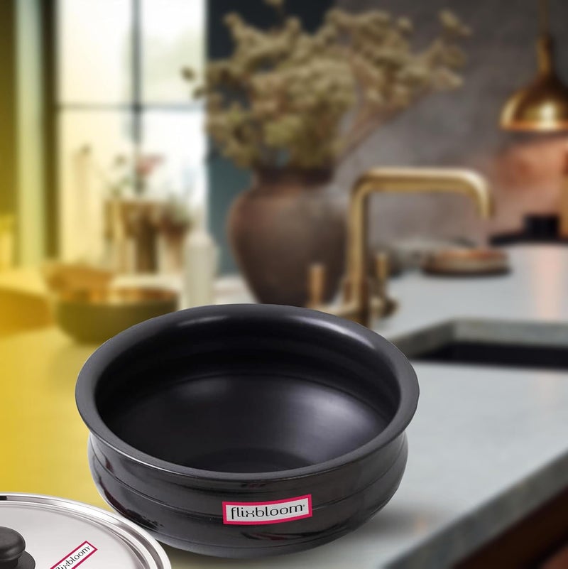 Flixbloom Frontier Black 3 Litre Hard Anodised Induction BaseLPG Gas Stove Friendly Deep Kitchen Cookware UruliUrli for Cooking with Lid HandiBhagonaLagan Pot Meen Chatty CooknServe Pot - Image 3