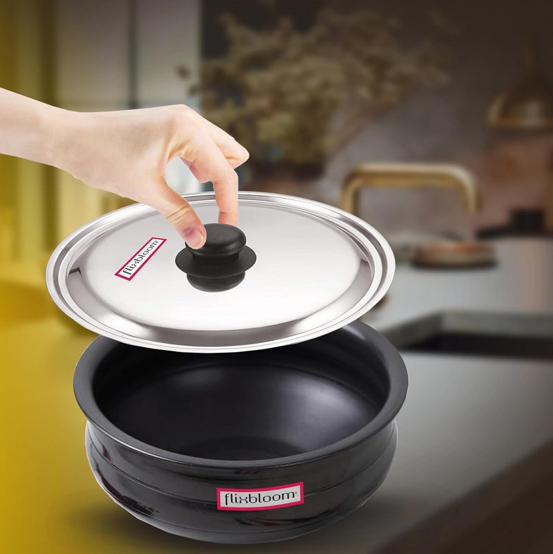Flixbloom Frontier Black 3 Litre Hard Anodised Induction BaseLPG Gas Stove Friendly Deep Kitchen Cookware UruliUrli for Cooking with Lid HandiBhagonaLagan Pot Meen Chatty CooknServe Pot - Image 1