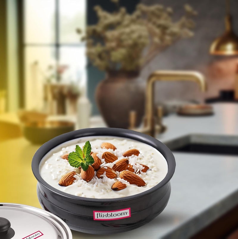 Flixbloom Frontier Black 3 Litre Hard Anodised Induction BaseLPG Gas Stove Friendly Deep Kitchen Cookware UruliUrli for Cooking with Lid HandiBhagonaLagan Pot Meen Chatty CooknServe Pot - Image 5