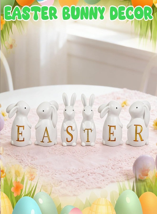 Exasinine Easter Bunny Figurines Set of 6, White Resin Rabbits Figurine Spelling Easter with Gold Letters for Tabletop Shelf Mantel Home Office & Spring Easter Decorations - Image 3
