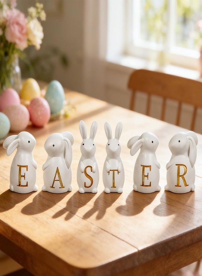 Exasinine Easter Bunny Figurines Set of 6, White Resin Rabbits Figurine Spelling Easter with Gold Letters for Tabletop Shelf Mantel Home Office & Spring Easter Decorations - Image 1
