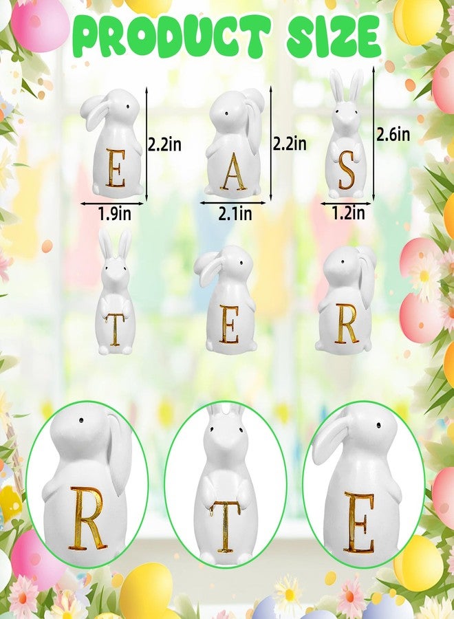 Exasinine Easter Bunny Figurines Set of 6, White Resin Rabbits Figurine Spelling Easter with Gold Letters for Tabletop Shelf Mantel Home Office & Spring Easter Decorations - Image 2