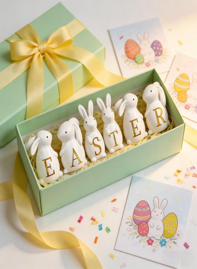 Exasinine Easter Bunny Figurines Set of 6, White Resin Rabbits Figurine Spelling Easter with Gold Letters for Tabletop Shelf Mantel Home Office & Spring Easter Decorations - Image 5
