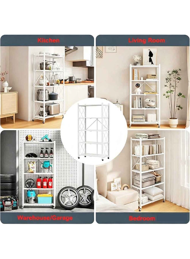 Beone Foldable 5 Tier Movable Storage Shelves, Storage Racks Kitchen Cabinet, Shelf Storage Multipurpose Rack for Kitchen Bedroom Garage Living Room,White - Image 1