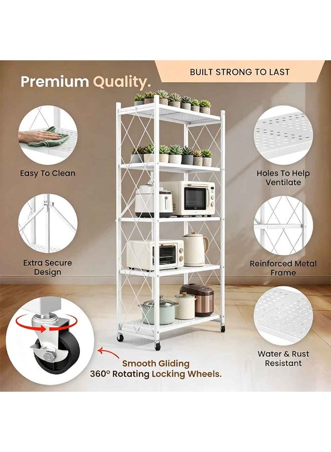 Beone Foldable 5 Tier Movable Storage Shelves, Storage Racks Kitchen Cabinet, Shelf Storage Multipurpose Rack for Kitchen Bedroom Garage Living Room,White - Image 3