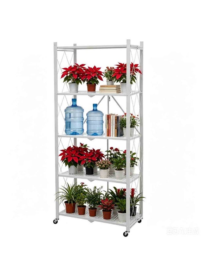 Beone Foldable 5 Tier Movable Storage Shelves, Storage Racks Kitchen Cabinet, Shelf Storage Multipurpose Rack for Kitchen Bedroom Garage Living Room,White - Image 4