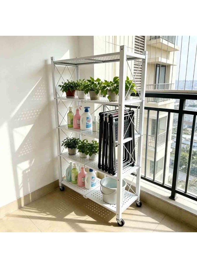 Beone Foldable 5 Tier Movable Storage Shelves, Storage Racks Kitchen Cabinet, Shelf Storage Multipurpose Rack for Kitchen Bedroom Garage Living Room,White - Image 5