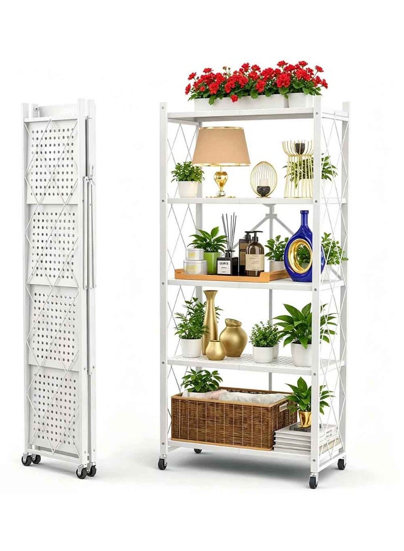 Beone Foldable 5 Tier Movable Storage Shelves, Storage Racks Kitchen Cabinet, Shelf Storage Multipurpose Rack for Kitchen Bedroom Garage Living Room,White - Image 2