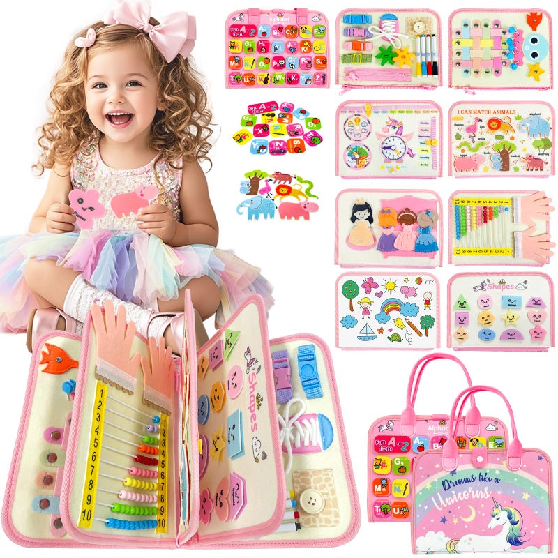 Aurasys Toddler Busy Board Montessori Toys for Girl Birthday Gift,Educational Learning Sensory Busy Book, Airplane Car Travel Activities Toy for Girl(Pink) - Image 1