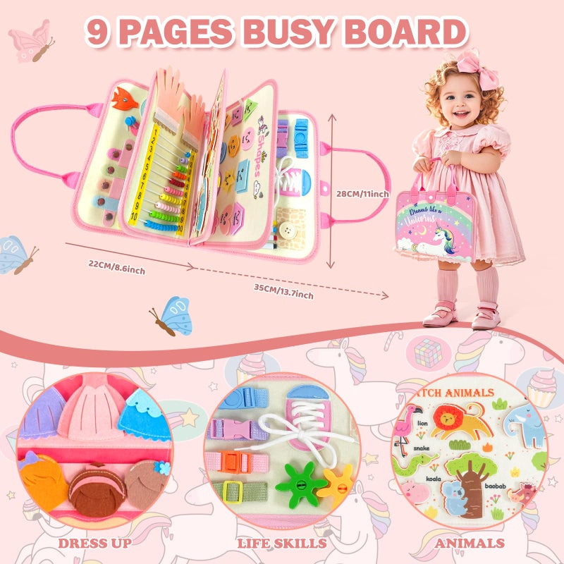 Aurasys Toddler Busy Board Montessori Toys for Girl Birthday Gift,Educational Learning Sensory Busy Book, Airplane Car Travel Activities Toy for Girl(Pink) - Image 2
