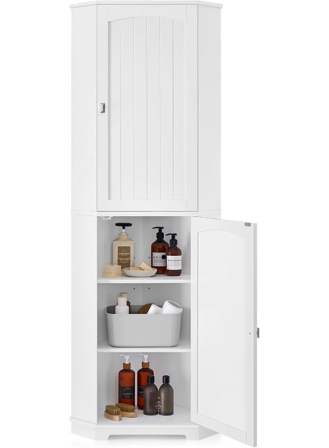 Tall Corner Cabinet, Bathroom Storage Cabinet with 2 Doors and 4 Adjustable Shelves, for Bathroom, Kitchen, Living Room, Modern Farmhouse Design, White