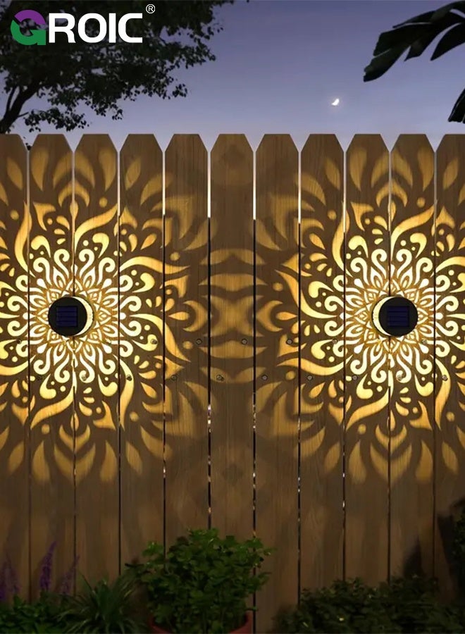 جرويك مجموعة من 2 مصباح سياج يعمل بالطاقة الشمسية، مصابيح حائط معدنية مقاومة للماء، إضاءة ليد صفراء دافئة للحديقة، فناء خلفي - ماندالا - Image 5