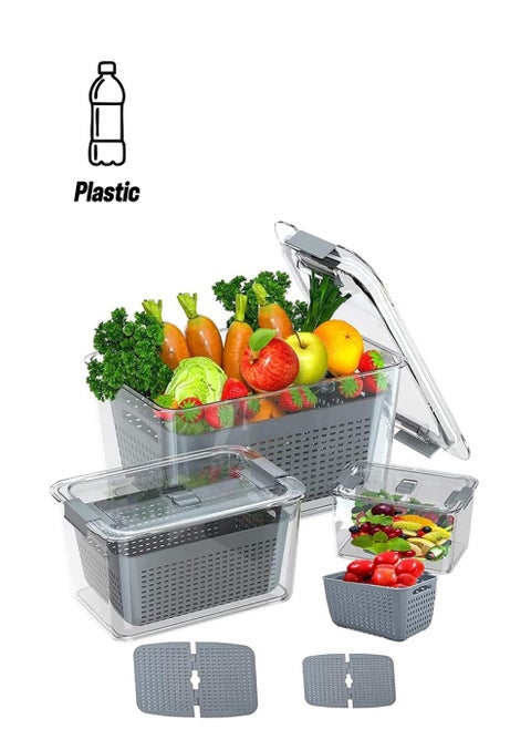 Refrigerator Organizer, Vegetable Fruit Storage Containers BPA Free, Freezer Food Storage Boxes, Fridge Food Storage Container Set with Lid & Strainers for Fruits and Vegetables Storage (Grey)