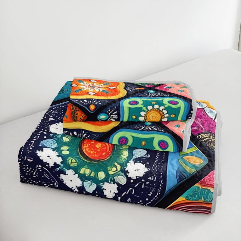HOSIMA Bohemia Style King Size Quilt Set for Adults,Different Colorful Boho Pattern Lightweight Quilt,Soft Plaid Patchwork Boho Floral Bedding for Bedroom Decor with 2 Pillowcases. - Image 5