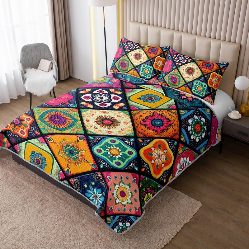 HOSIMA Bohemia Style King Size Quilt Set for Adults,Different Colorful Boho Pattern Lightweight Quilt,Soft Plaid Patchwork Boho Floral Bedding for Bedroom Decor with 2 Pillowcases. - Image 2