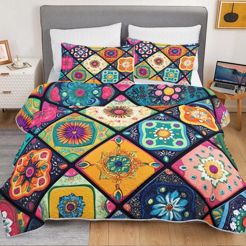 HOSIMA Bohemia Style King Size Quilt Set for Adults,Different Colorful Boho Pattern Lightweight Quilt,Soft Plaid Patchwork Boho Floral Bedding for Bedroom Decor with 2 Pillowcases. - Image 3