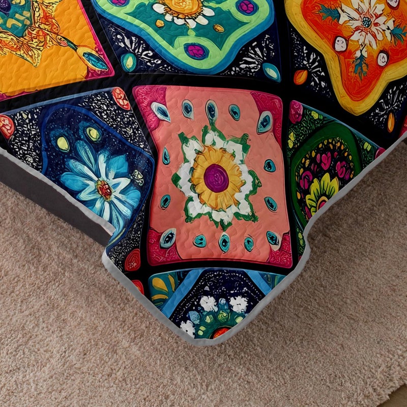 HOSIMA Bohemia Style King Size Quilt Set for Adults,Different Colorful Boho Pattern Lightweight Quilt,Soft Plaid Patchwork Boho Floral Bedding for Bedroom Decor with 2 Pillowcases. - Image 4