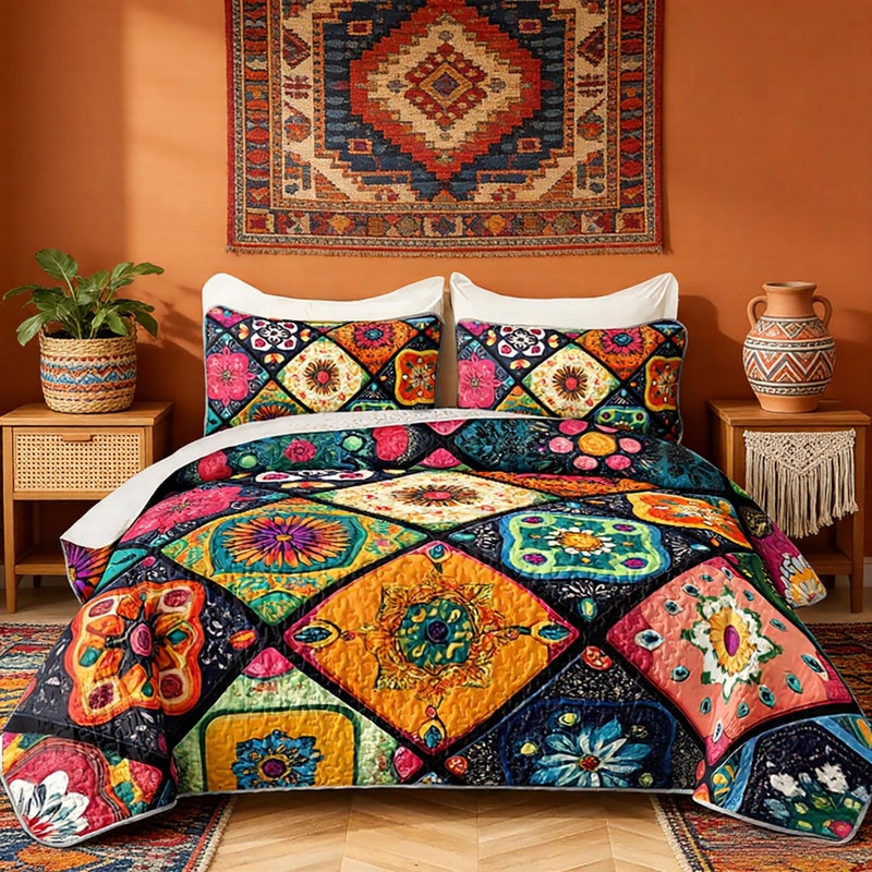 HOSIMA Bohemia Style King Size Quilt Set for Adults,Different Colorful Boho Pattern Lightweight Quilt,Soft Plaid Patchwork Boho Floral Bedding for Bedroom Decor with 2 Pillowcases. - Image 1
