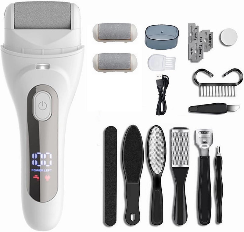 AccLoo Electric Foot Callus Remover with LED Light & Battery Display, 3-Speed Pedicure Machine with 3 Roller Heads, USB Fast Charging, Includes 10 Accessories, for Dead, Hard, Cracked Skin - Image 1