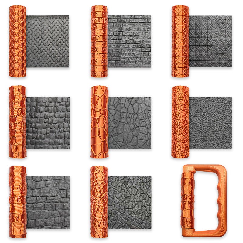 Leriton 9 Pcs Texture Roller Set with Handle, 8-Pattern 3D-Printed Miniature Terrain Texture Rollers for Clay, Miniatures, Tabletop, Pottery - Image 1