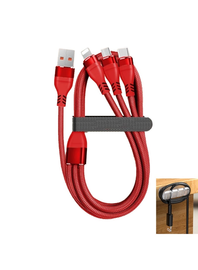 Timebox 3 in 1 Cable, Super Fast Charge, USB, Type-C 67W, Lightning 27W, black, Micro-USB, Durable Nylon, 1.2m, Compatible with iPhone, Samsung, Huawei, MacBook, Xiaomi, red - Image 1