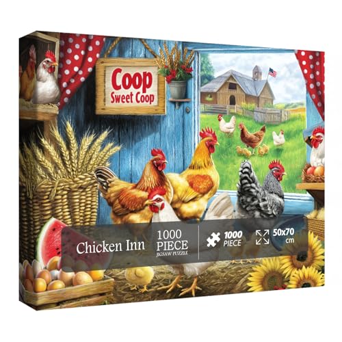 BBOLDIN Chicken Farm Puzzle for Adults 1000 Pieces Animal Flower Jigsaw Puzzle Sunflower Thanksgiving Nature Rooster Barn Country Puzzle - Image 1