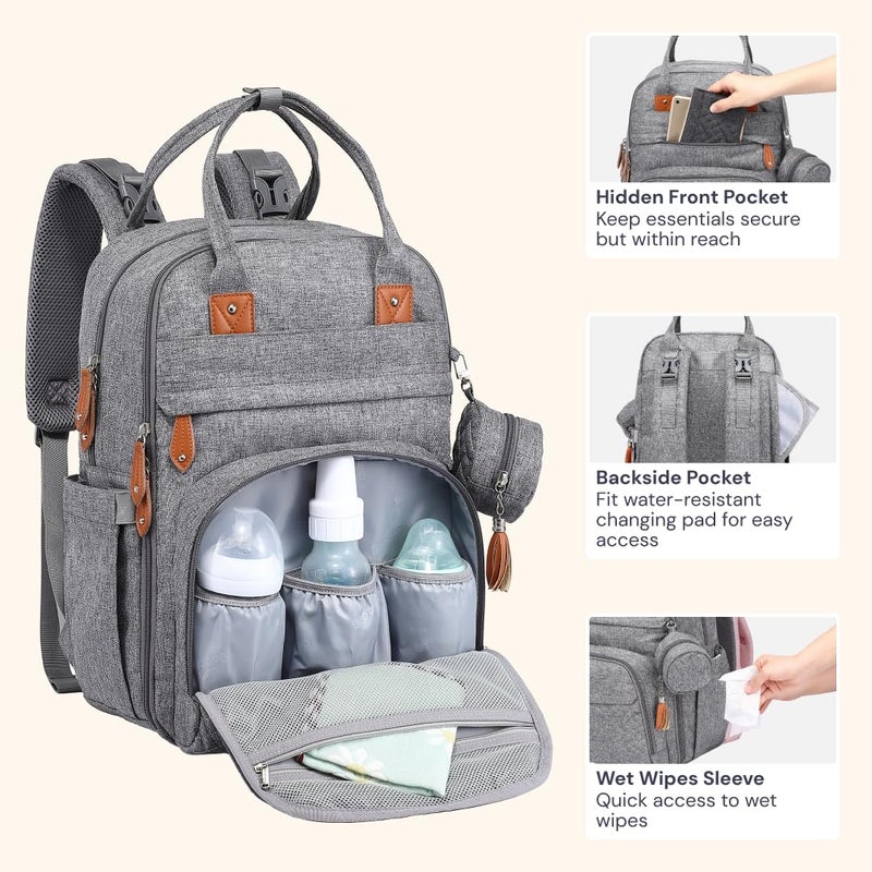 BabbleRoo Diaper Bag Backpack - Baby Essentials Travel Tote - Multi Function Waterproof Diaper Bag, Travel Essentials Baby Bag with Changing Pad, Stroller Straps & Pacifier Case - Unisex, Light Gray - Image 4