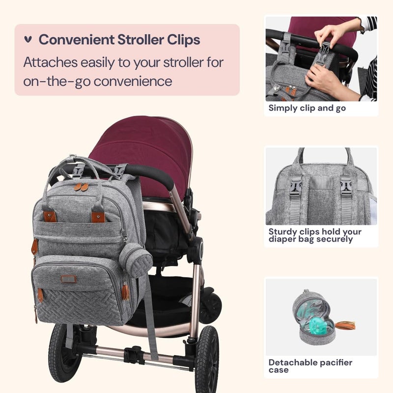 BabbleRoo Diaper Bag Backpack - Baby Essentials Travel Tote - Multi Function Waterproof Diaper Bag, Travel Essentials Baby Bag with Changing Pad, Stroller Straps & Pacifier Case - Unisex, Light Gray - Image 5