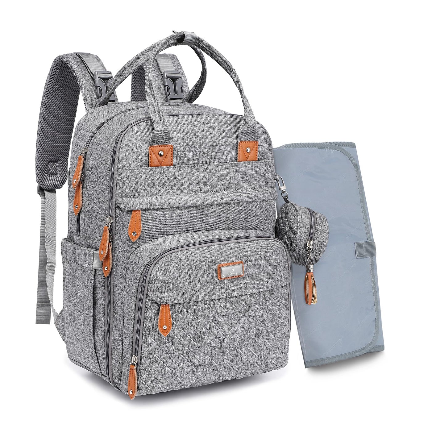 BabbleRoo Diaper Bag Backpack - Baby Essentials Travel Tote - Multi Function Waterproof Diaper Bag, Travel Essentials Baby Bag with Changing Pad, Stroller Straps & Pacifier Case - Unisex, Light Gray