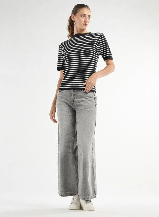 Splash FAV Striped High Neck T-shirt with Short Sleeves