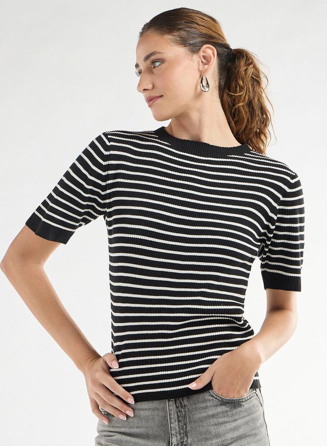 سبلاش فيڤ تيشيرت مخطط بياقة عالية وأكمام قصيرة - Image 1