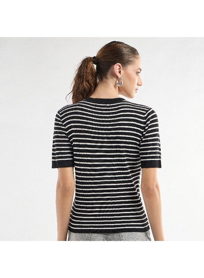 Splash FAV Striped High Neck T-shirt with Short Sleeves - Image 2