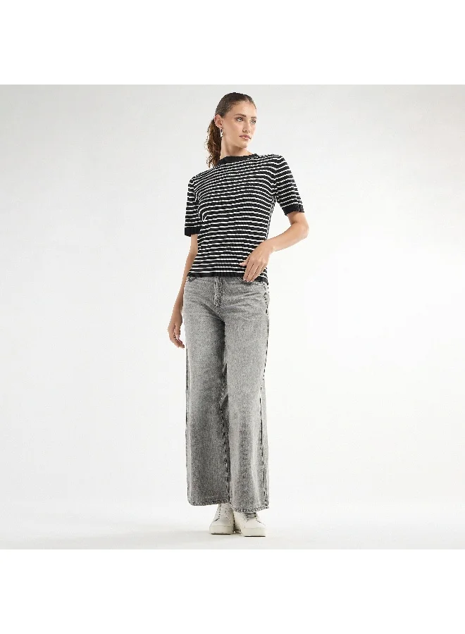 Splash FAV Striped High Neck T-shirt with Short Sleeves