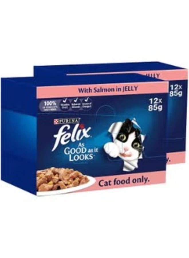 فيلكس قطة بالغة الجودة مع سمك السلمون في الجيلي 85 جرام، عبوة من 12 قطعة