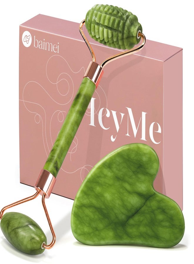 BAIMEI IcyMe Gua Sha and Jade Roller for Face, Natural Jade Face Roller with Ridge Design for Reducing Puffiness & Skin Firming,Facial Sculpting Tool, Self Care Gift for Women Men - Image 1