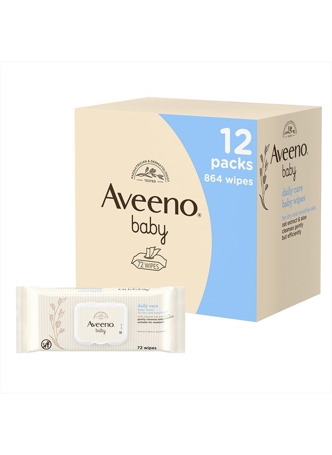 Aveeno Baby AVEENO Baby Daily Care Wipes - Cleanse Gently and Efficiently - Baby Wipes - Baby Essentials - 72 Wipes, Lid On Each Pack, Pack of 12 (864 Wipes in Total)  - Image 1