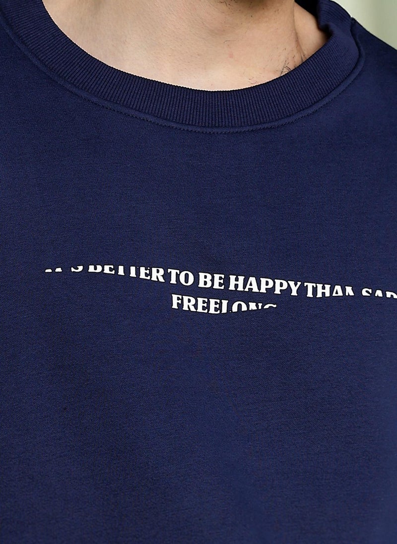 Maniac Mens Printed Round Neck Full Sleeve Navy & White Fleece Sweatshirt - Image 3