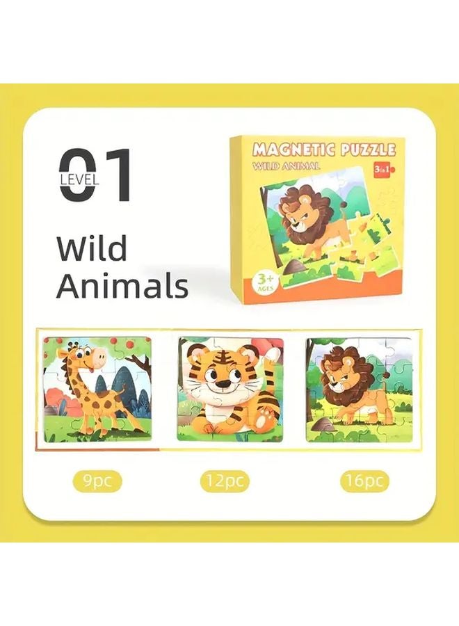 3 In 1 Progressive Magnetic Puzzle Educational Toy Wild Animals Logic Skills Gift - Image 1