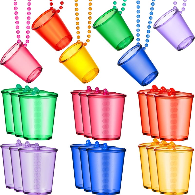 Sureio 24 Pieces Shot Glass on Beaded Necklace Plastic Shot Cup Necklace Bachelorette Party Team Men and Women SuppliesRose Red Big Red Green Orange Royal Blue Purple