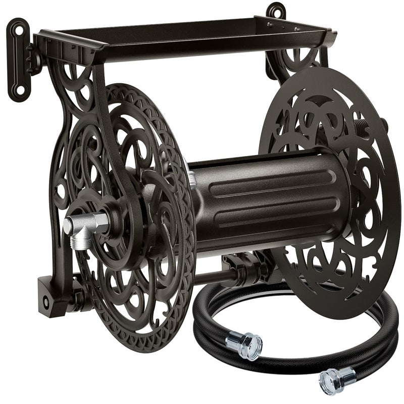 AQUAZILLA Metal Decorative Garden Hose Reel, Heavy Duty Hose Holder for Outside, Aluminum Frame, No-Leak Aluminum Water System, Easy Assmbly, Wall Mount, Holds 135 ft x 5/8" Hose Storage, Dark Bronze - Image 2