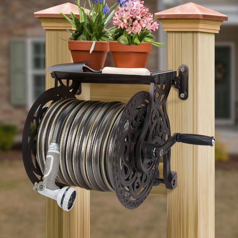 AQUAZILLA Metal Decorative Garden Hose Reel, Heavy Duty Hose Holder for Outside, Aluminum Frame, No-Leak Aluminum Water System, Easy Assmbly, Wall Mount, Holds 135 ft x 5/8" Hose Storage, Dark Bronze - Image 3