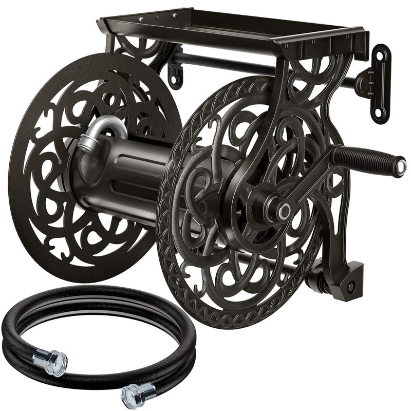 AQUAZILLA Metal Decorative Garden Hose Reel, Heavy Duty Hose Holder for Outside, Aluminum Frame, No-Leak Aluminum Water System, Easy Assmbly, Wall Mount, Holds 135 ft x 5/8" Hose Storage, Dark Bronze - Image 1