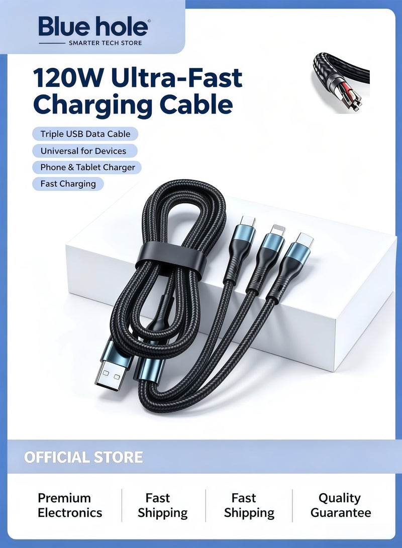 BlueHole 120W Ultra-Fast Charging Cable Triple USB Data Cable Universal for Multiple Devices - Phone & Tablet Charger - Image 1