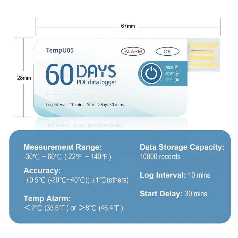 Tzone USB Temperature Data Logger,Disposable Temperature Recorder 10 Packs with Auto PDF Report,Temp U05 Thermometer Logger 60 Days for Transportation Storage,10000 Points Recording,IP67 Waterproof - Image 4