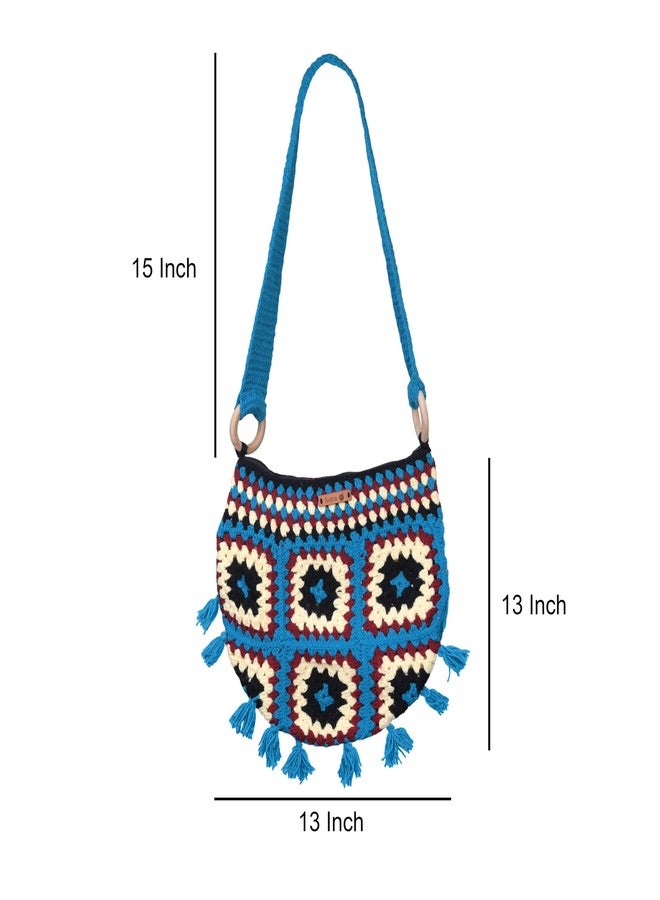 Sutra Handmade Wool Crochet Blue Strap Patchwork Bag | Boho Shoulder Purse | Eco-Friendly Reusable Tote Bag | Summer Beach Handbag for Women Girls - Image 2
